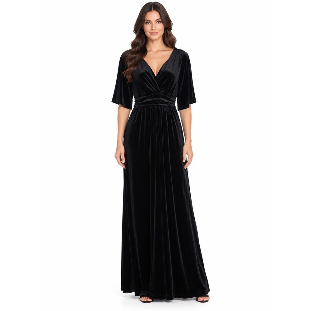 Kiyonna Black Velvet Maxi Dress V-Neck Kimono Sleeve Formal Gown | Size 1X